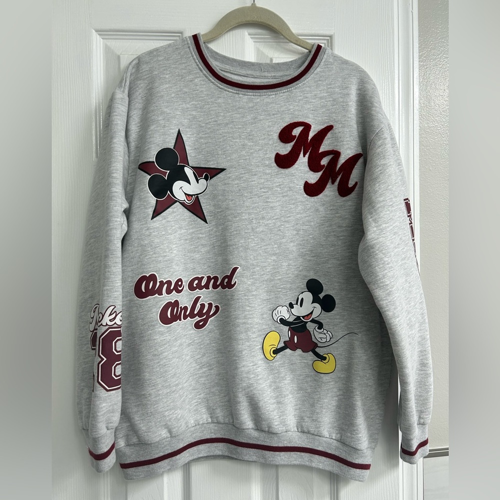 Disney Light Gray Mickey Mouse Sweatshirt with maroon accents